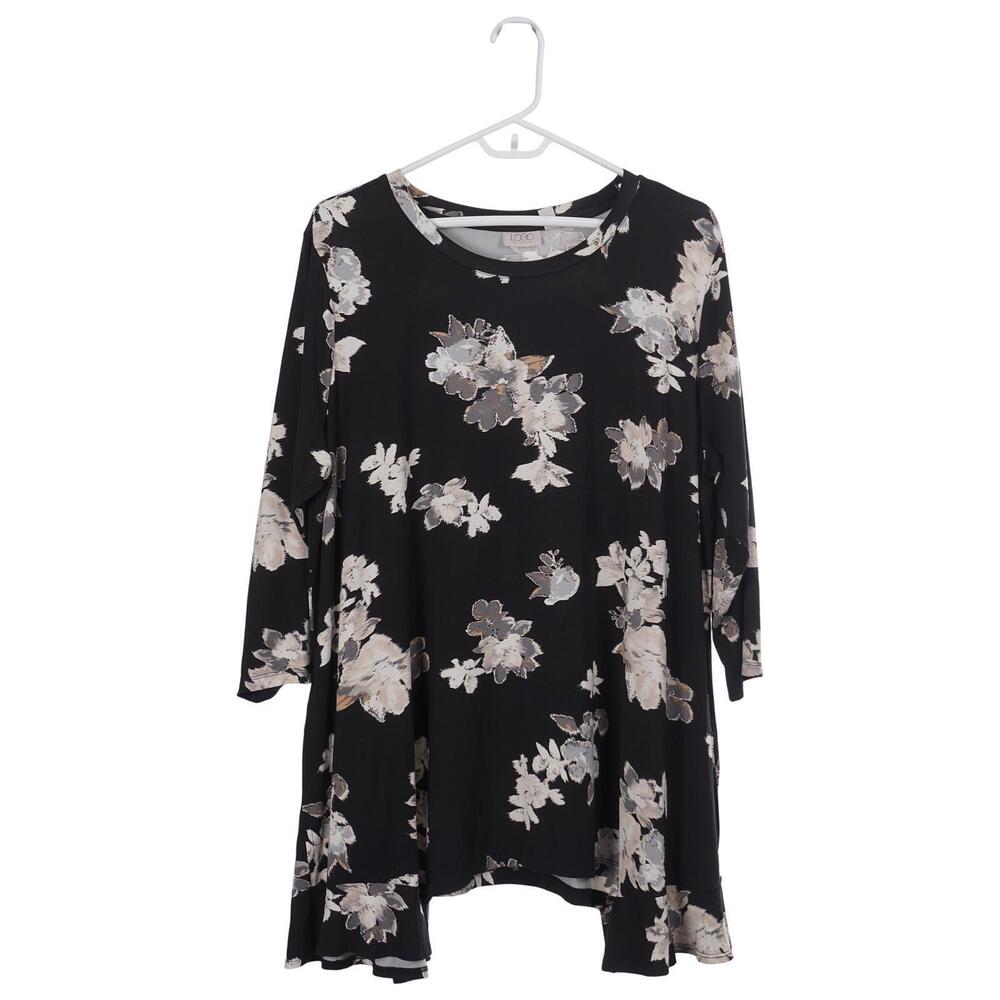 LOGO by Lori Goldstein Tunic Top 1X Black Floral 3/4 Sleeve Pockets Stretch